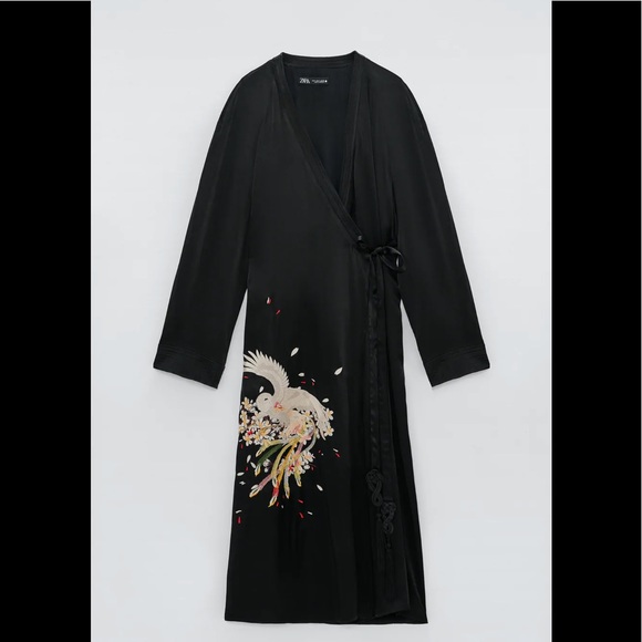 ZARA Embroidered Satin Effect Kimono Robe sz Small - Picture 7 of 15